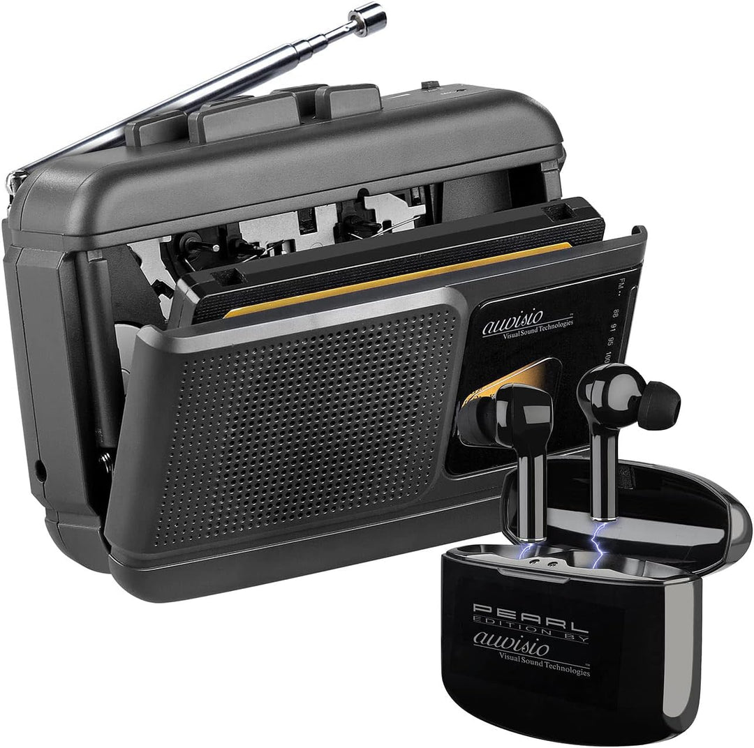auvisio Kassettenrecorder: Mobiler Kassettenspieler, Bluetooth-Transmitter + In-Ear-Headseat (Kasset