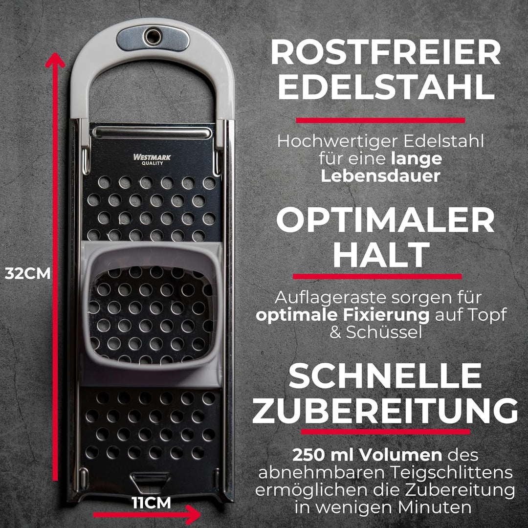 Westmark Spätzlehobel mit Teigschlitten - Spätzlereibe für Topfdurchmesser bis zu 24 cm - rostfreier