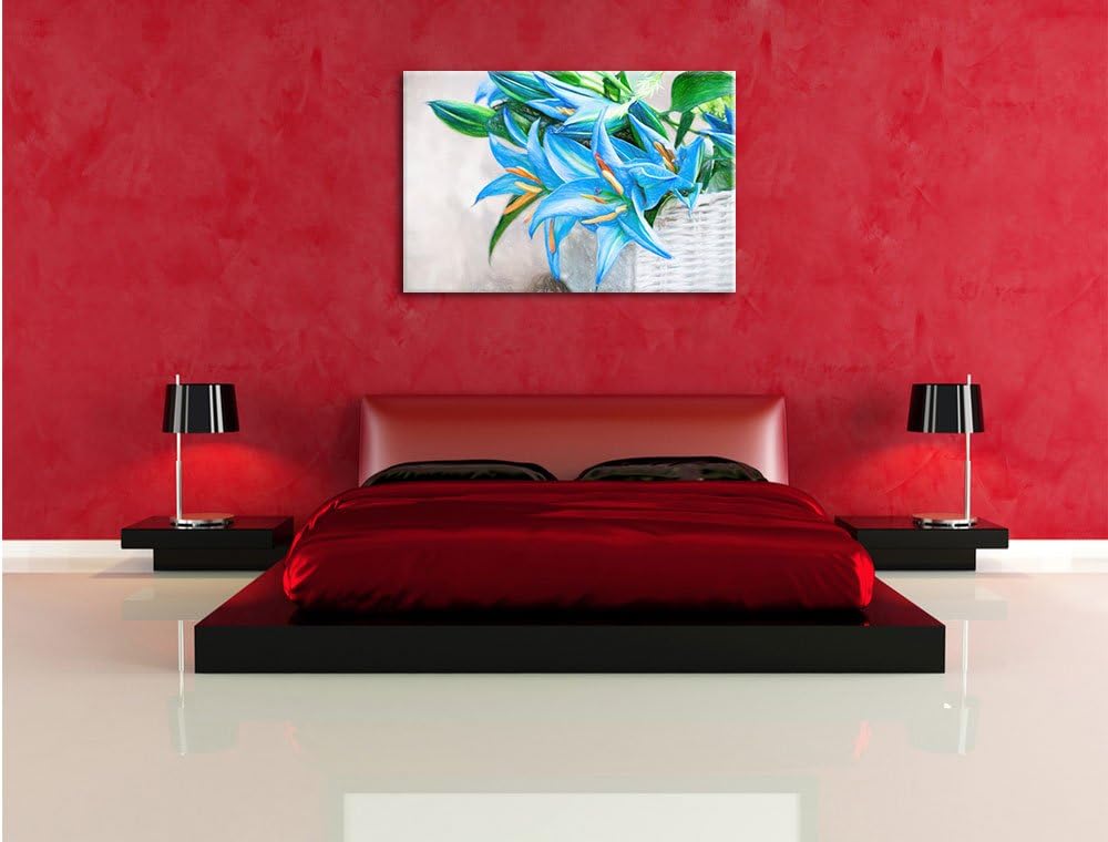 Pixxprint schöne Blaue Blumen im Körbchen Kunst Buntstift Effekt, Format: 100x70 auf Leinwand, 100x7