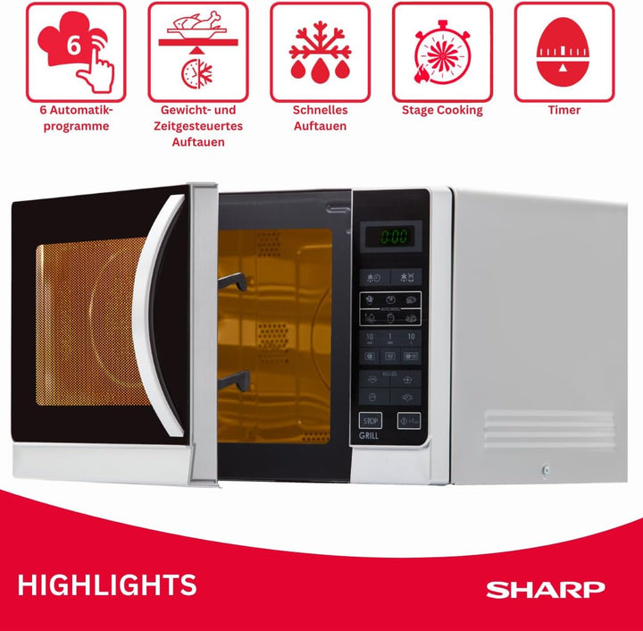 Sharp R742WW 2-in-1 Mikrowelle mit Grill / 25 L / 900 W / 1000 W Grill / LED-Display / 8 Automatikpr