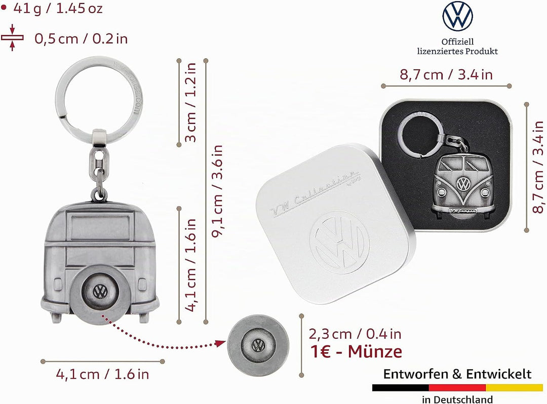 BRISA VW Collection - T1 Bulli Bus Schlüsselanhänger mit Einkaufswagenchip Bulli/Antiksilber, Bulli/