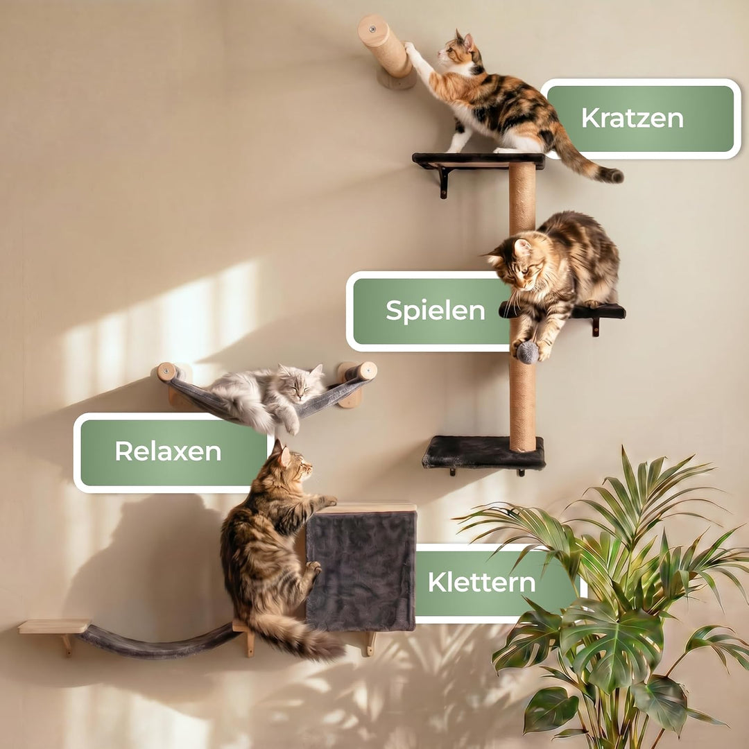 WOOWOOD® Kletterwand Katzen Set inkl. Katzentreppe Wand I Kratzbaum Wand I Hängematte Katze I Wandkr