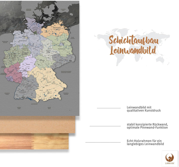 LanaKK – Deutschlandkarte Leinwandbild „Deutschlandkarte Edelgrau” - deutsch - Kunstdruck-Pinnwand a