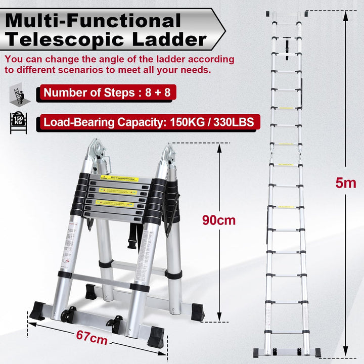 Randaco 5M (2.5+2.5) Teleskopleiter Klappleiter Aluminium, Ausziehbare Leiter, Rutschfester Aluleite