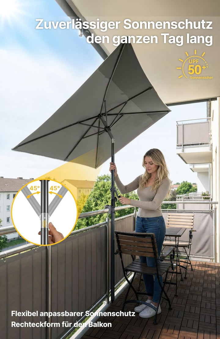 4smile SunnyShade Sonnenschirm Balkon mit Halterung im 3-er-Set, UV 50+, 210x140 cm, Anthrazit, Balk