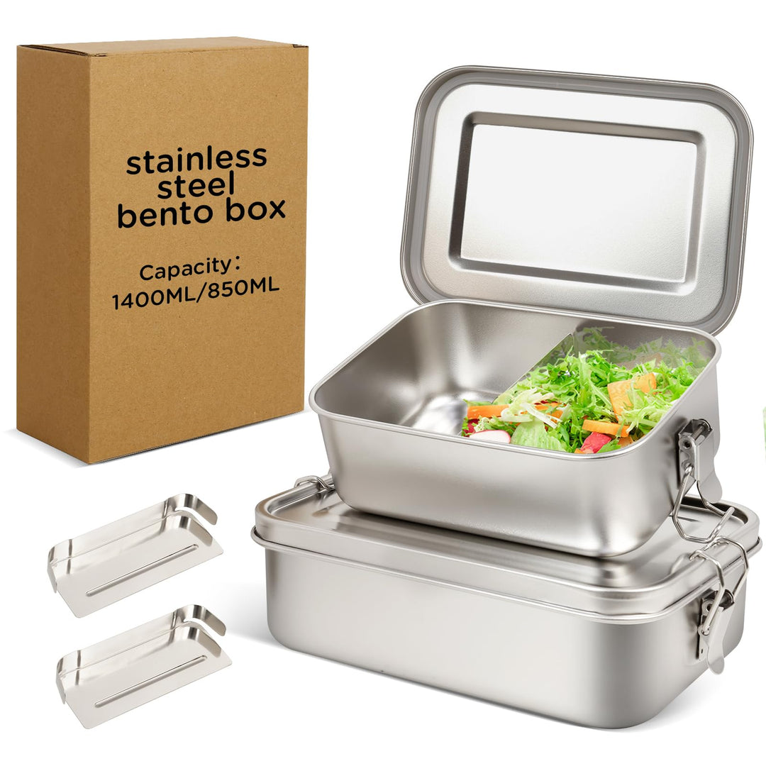 2 Pack 1400/850ml 304 Edelstahl Lunch Box und Lebensmittelbehälter mit Deckel Auslaufsicheres verste