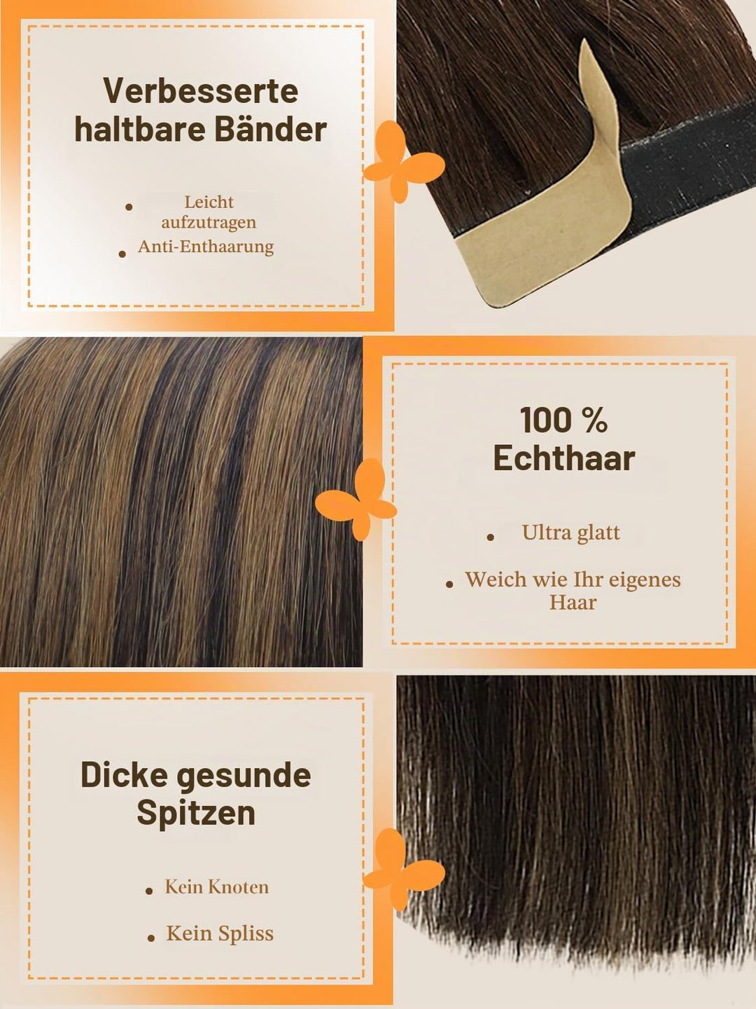 DOORES Tape in Extensions Echthaar, Balayage Natürliches Schwarz bis Hellblond 40cm (16zoll) 50g 20p