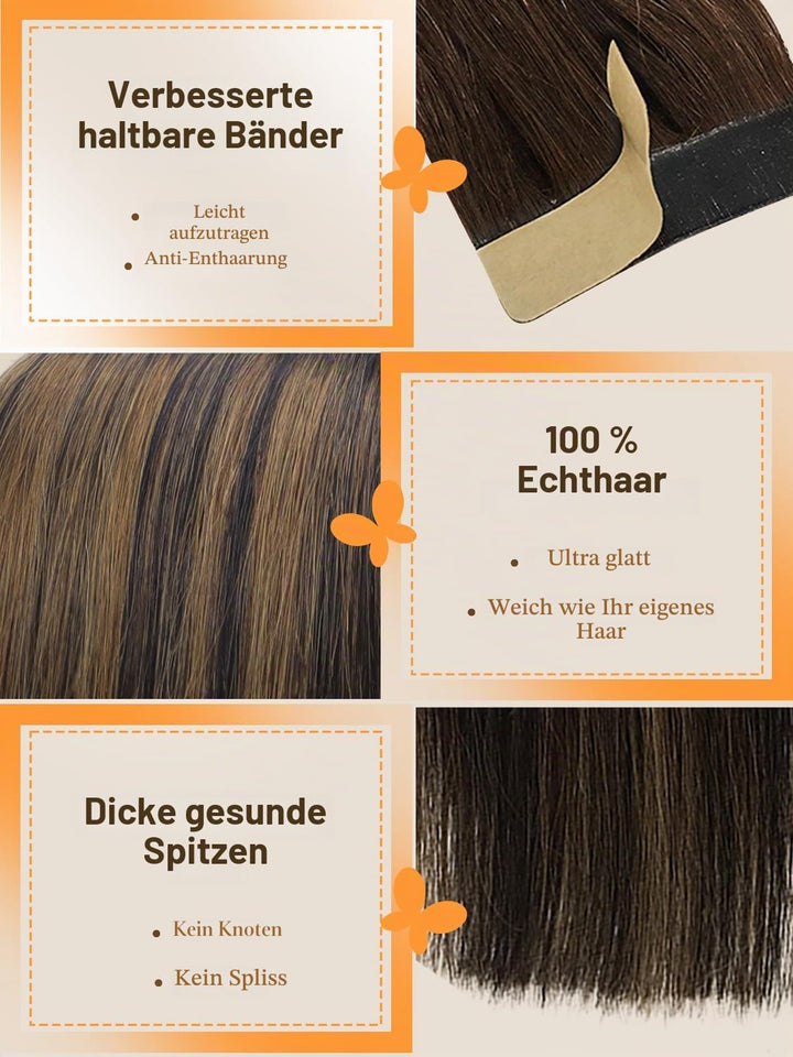 DOORES Tape in Extensions Echthaar, Balayage Natürliches Schwarz bis Hellblond 40cm (16zoll) 50g 20p