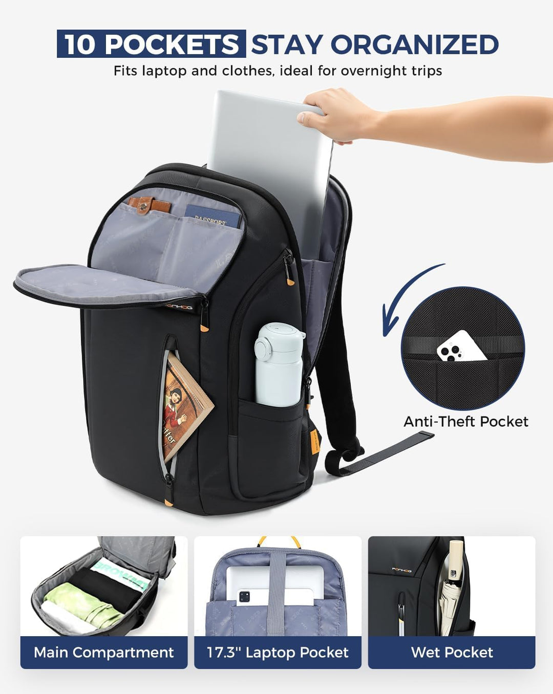 Rucksack Herren, Gross Laptop Rucksack 17 Zoll, Reiserucksack mit Anti Diebstahl Computerfach, Lapto