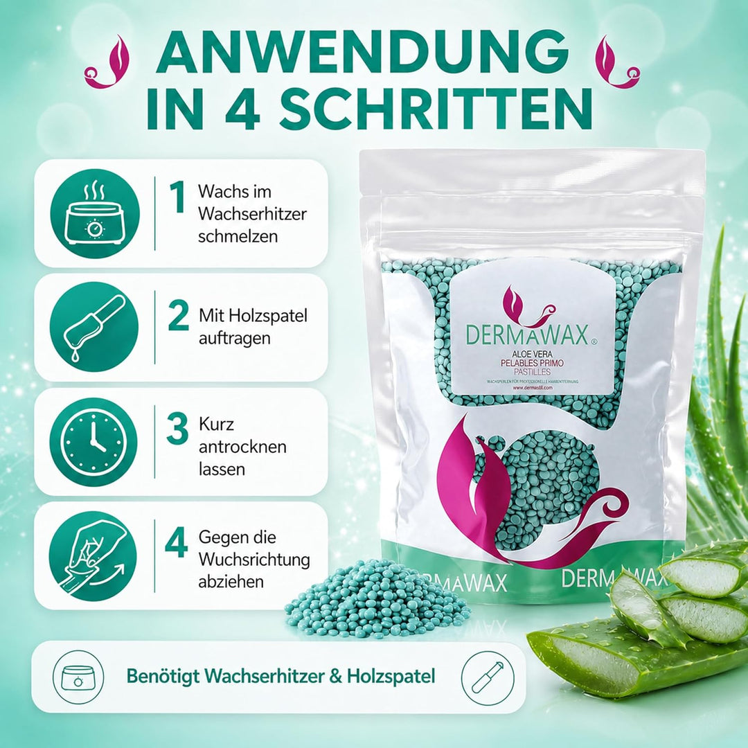 Dermawax 1 kg Aloe Vera Wachs Heisswachs Waxing Perlen Wachsperlen Anwendung ohne Wachsstreifen zur