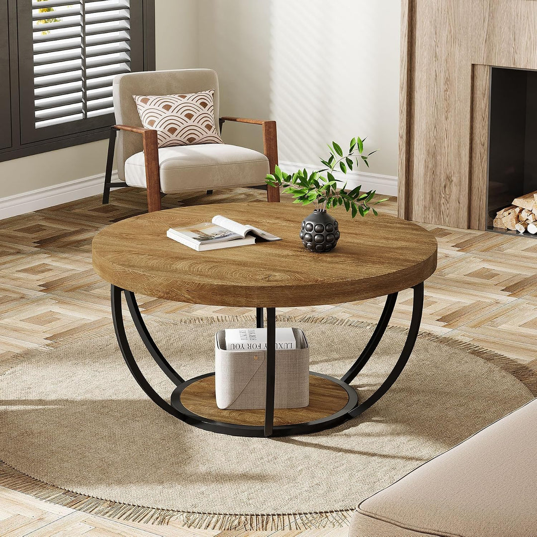 Tribesigns Runde Couchtisch, Industrial 2-Tier-Kreis Couchtisch mit Lagerung Regale, Moderne hölzern
