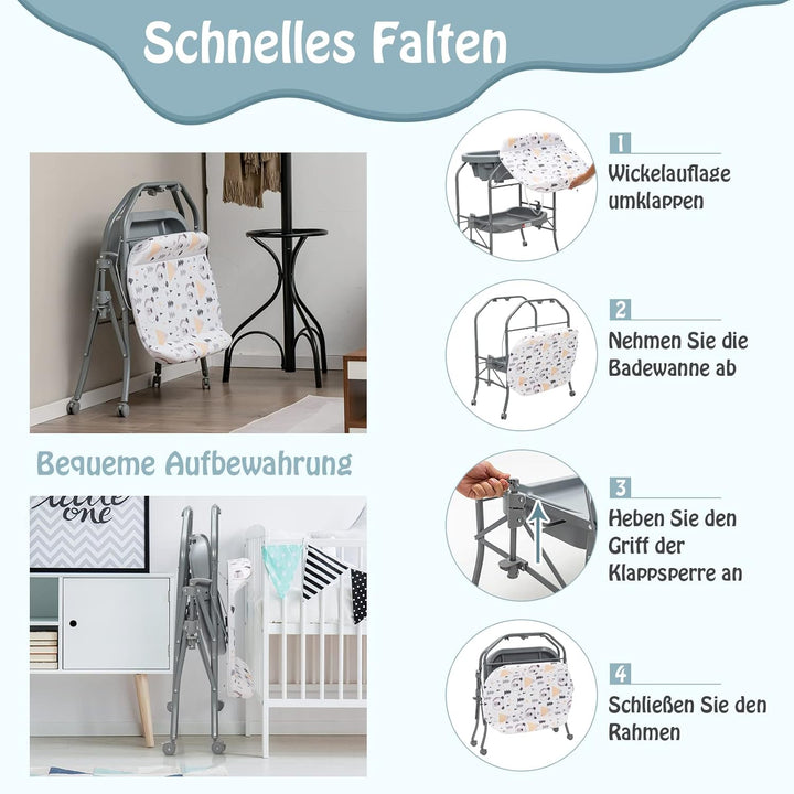 DREAMADE 2 in 1 Wickeltisch & Badewanne mit Gestell, Wickeltisch Klappbar, Wickelkommode auf Rollen