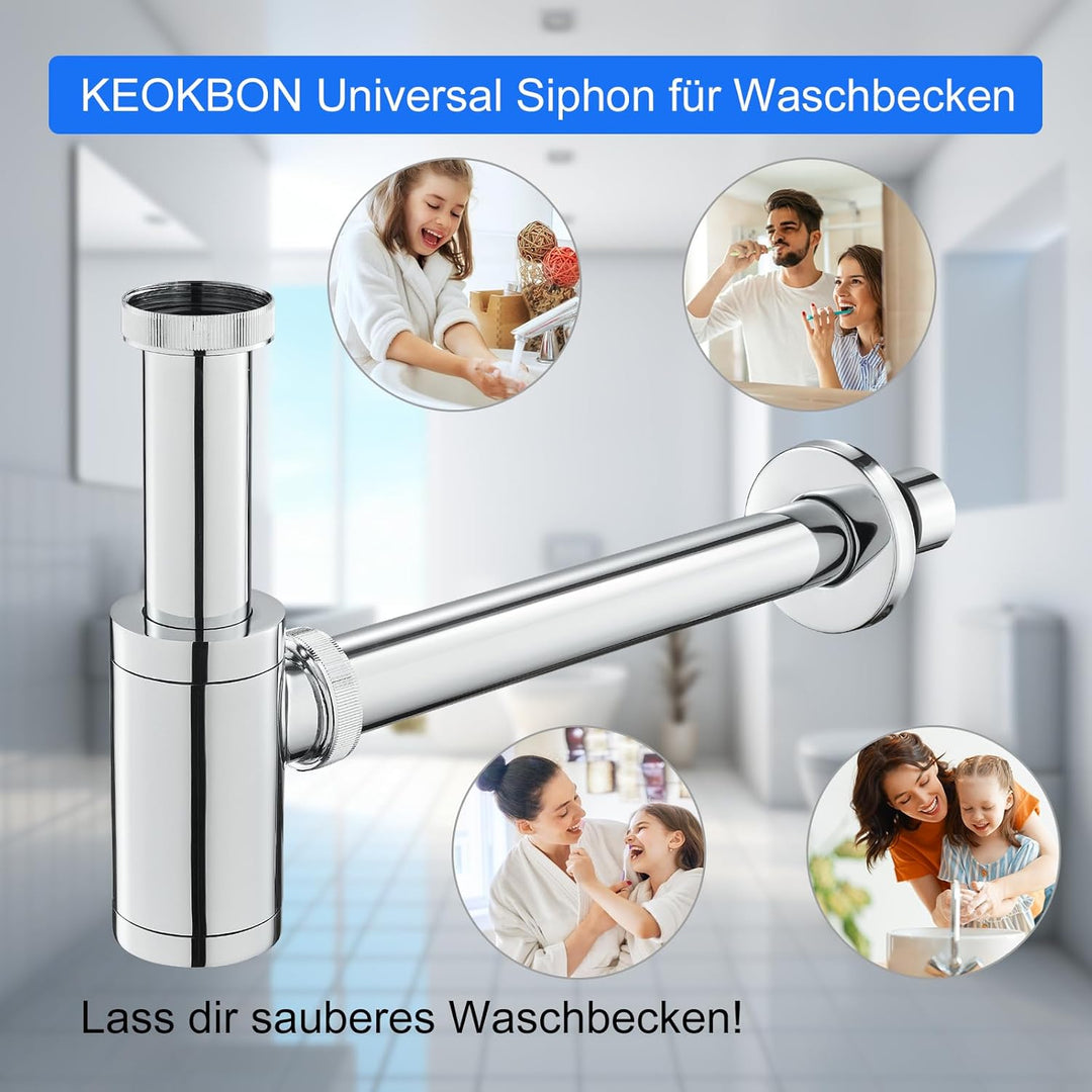 KEOKBON Universal- 1 1/4 Zoll x 32mm Siphon für Waschbecken & Waschtisch - Abflussgarnitur passgenau