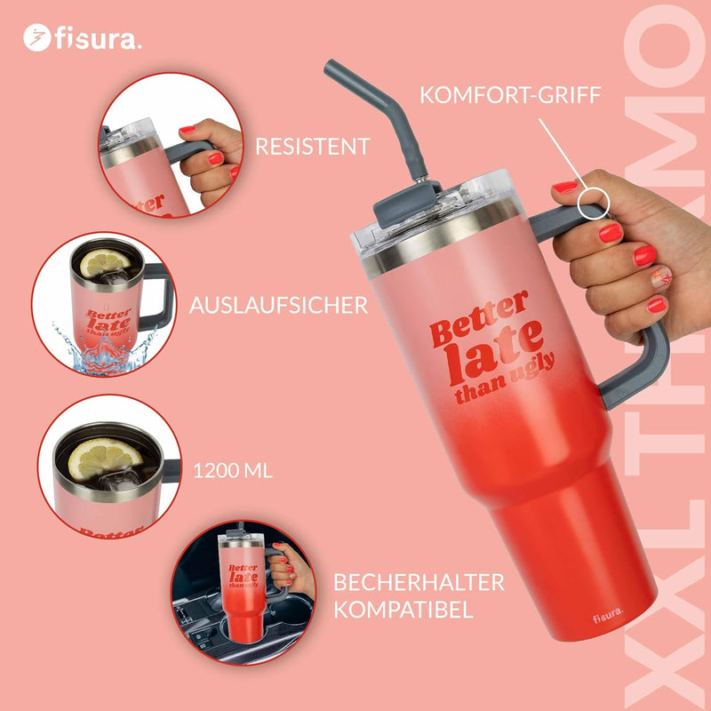 Fisura – Thermoflasche 1,2 Liter "Better late“. Grosse Thermoflasche in rosa. Flasche aus Edelstahl.