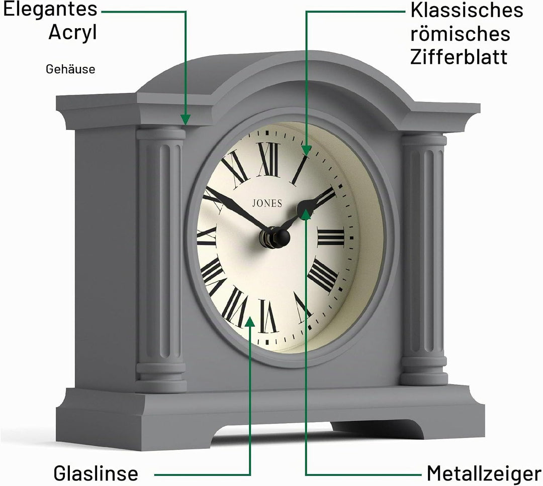 JONES CLOCKS® Kensington Kaminuhr | Klassische Uhr mit gewölbtem Oberteil | Grau | Stilvoll &amp; modern
