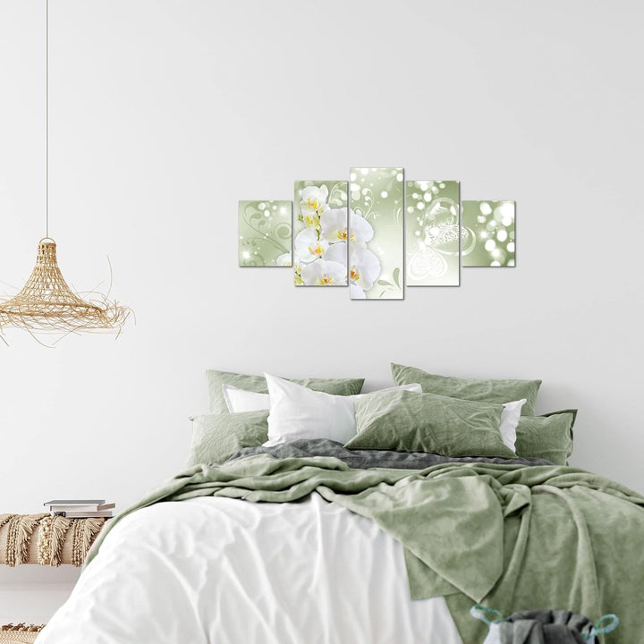 Runa Art Wandbilder Blumen Orchidee 5 Teilig Bild auf Vlies Leinwand Deko Wohnzimmer Abstrakt Grün G