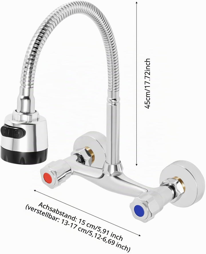 Küche Armatur Wasserhahn Wandmontage 360° Drehbar Mischbatterien Armatur Wandarmatur Spültischarmatu
