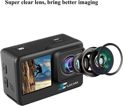 Xilecam Action Cam 4K WiFi wasserdichte Kamera Dual-Bildschirm 131FT Sports Kamera Ultra HD Unterwas