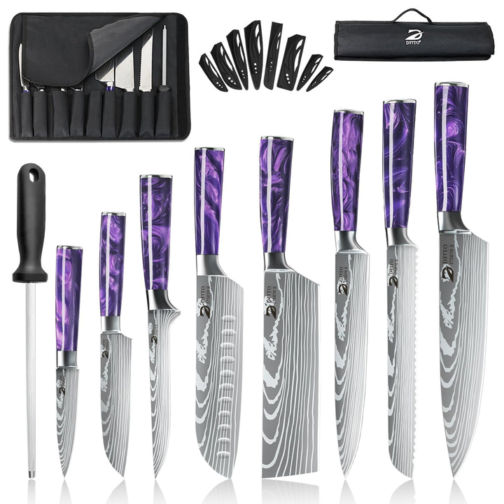 Dfito Messerset mit Nylon Rolltasche, 9-tlg Scharfe Professionelles Küchenmesser Set aus High Carbon