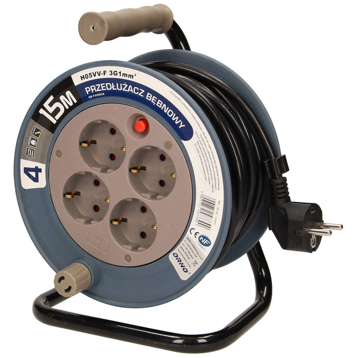 Orno AE-1339 Mini Kabeltrommel 15m mit 4 Steckdosen, Metallständer und Thermoschutz || 2300W / 10A,
