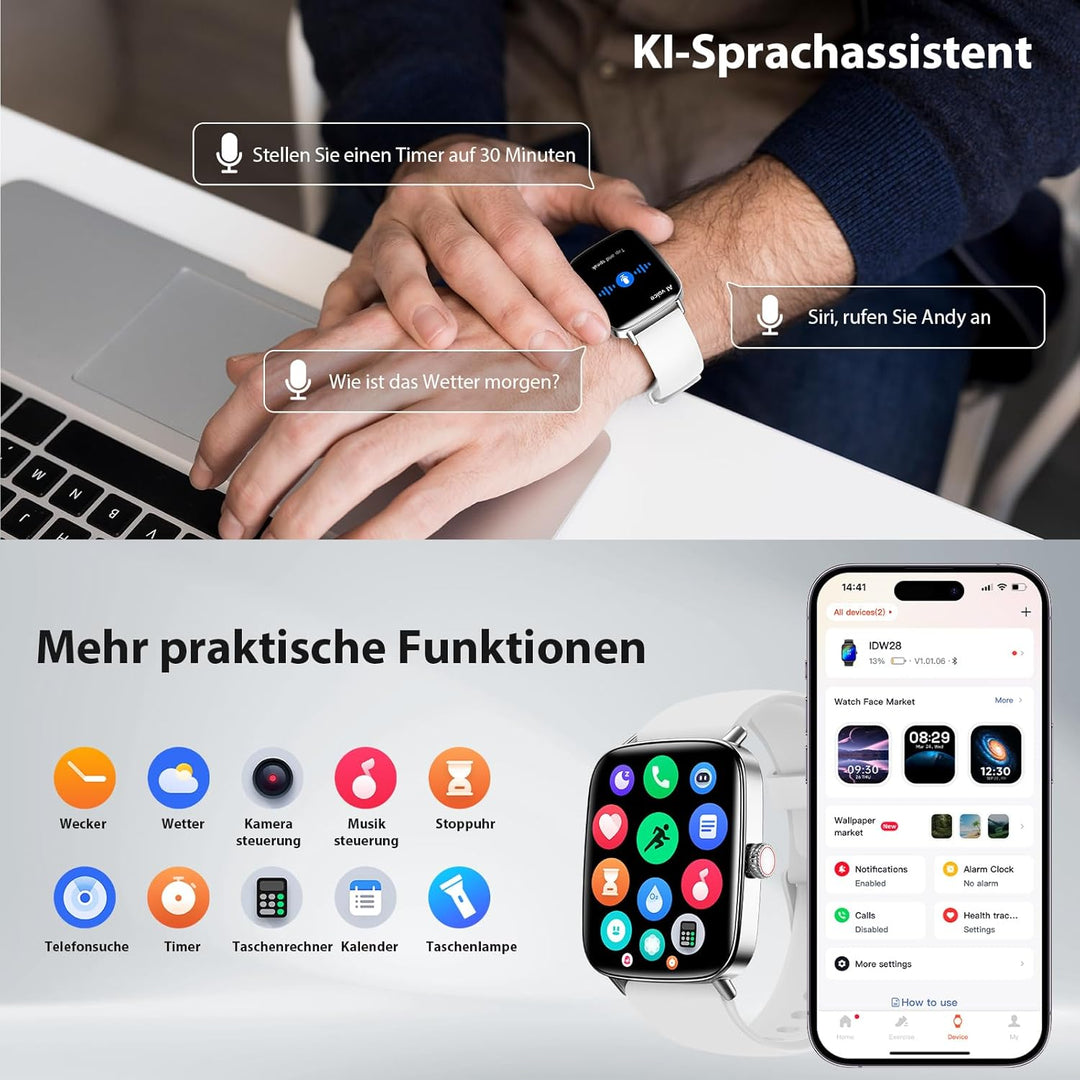 Yoever Smartwatch Herren Damen mit Telefonfunktion - 1.85" Fitnessuhr Herren mit Herzfrequenz SpO2 S