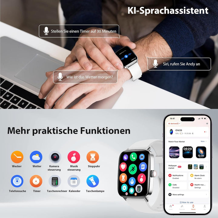 Yoever Smartwatch Herren Damen mit Telefonfunktion - 1.85" Fitnessuhr Herren mit Herzfrequenz SpO2 S