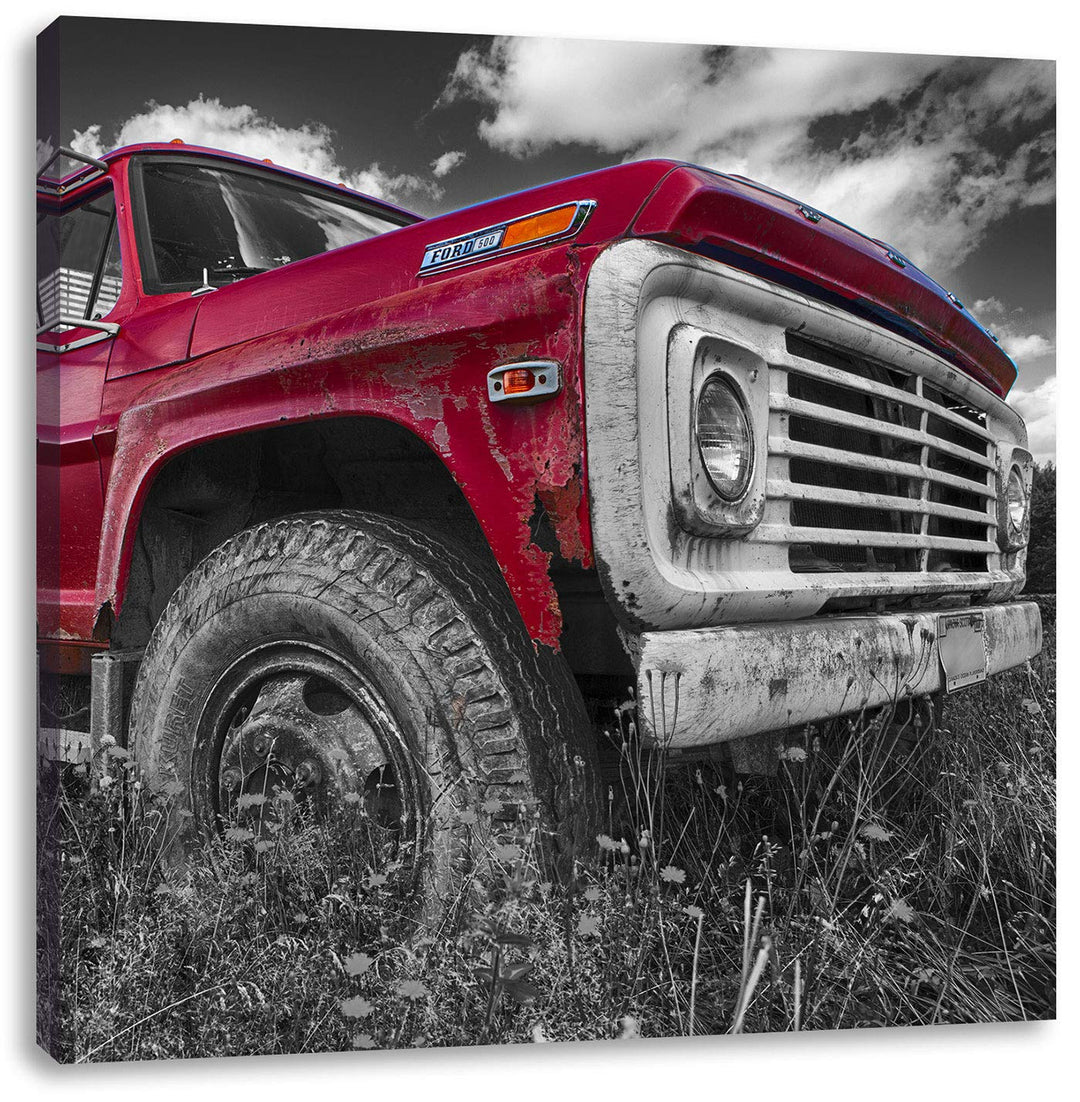 Pixxprint Truck in USA auf Blumenwiese 70x70cm Leinwandbild Wandbild Kunstdruck, 70x70