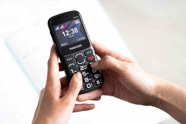 Maxcom MM443 Mobiltelefon für ältere Menschen, 4G, mit grossen Tasten und SOS-Taste, Ladestation, Du