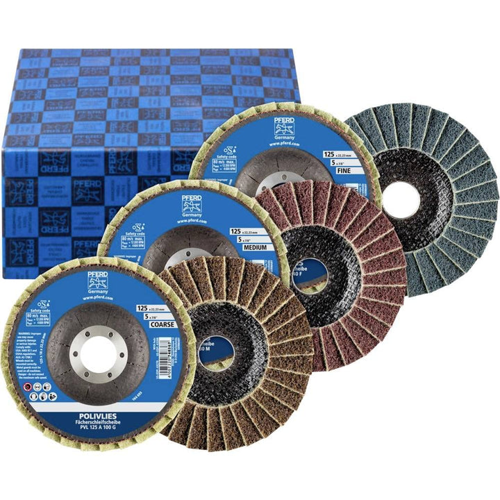 PFERD POLIVLIES-Fächerscheiben Set PVL, 3-tlg. | Korund Ø125mm Bohrungs-ø 22,23mm A100,180,280 | 446