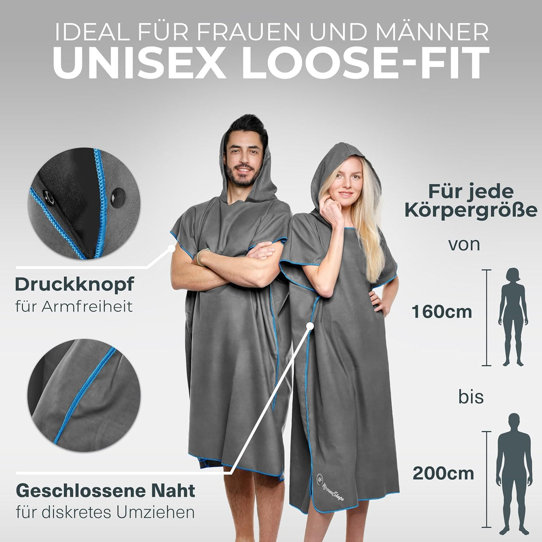 NirvanaShape Handtuch-Poncho für Erwachsene, Umziehhilfe & Handtuch zugleich, Surf-Poncho mit Quick-