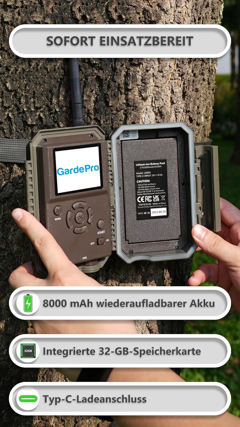 GardePro E8P Max Wildkamera WLAN, Wiederaufladbare 8000mAh Batterie, integrierte SD Karte, 64MP 1296