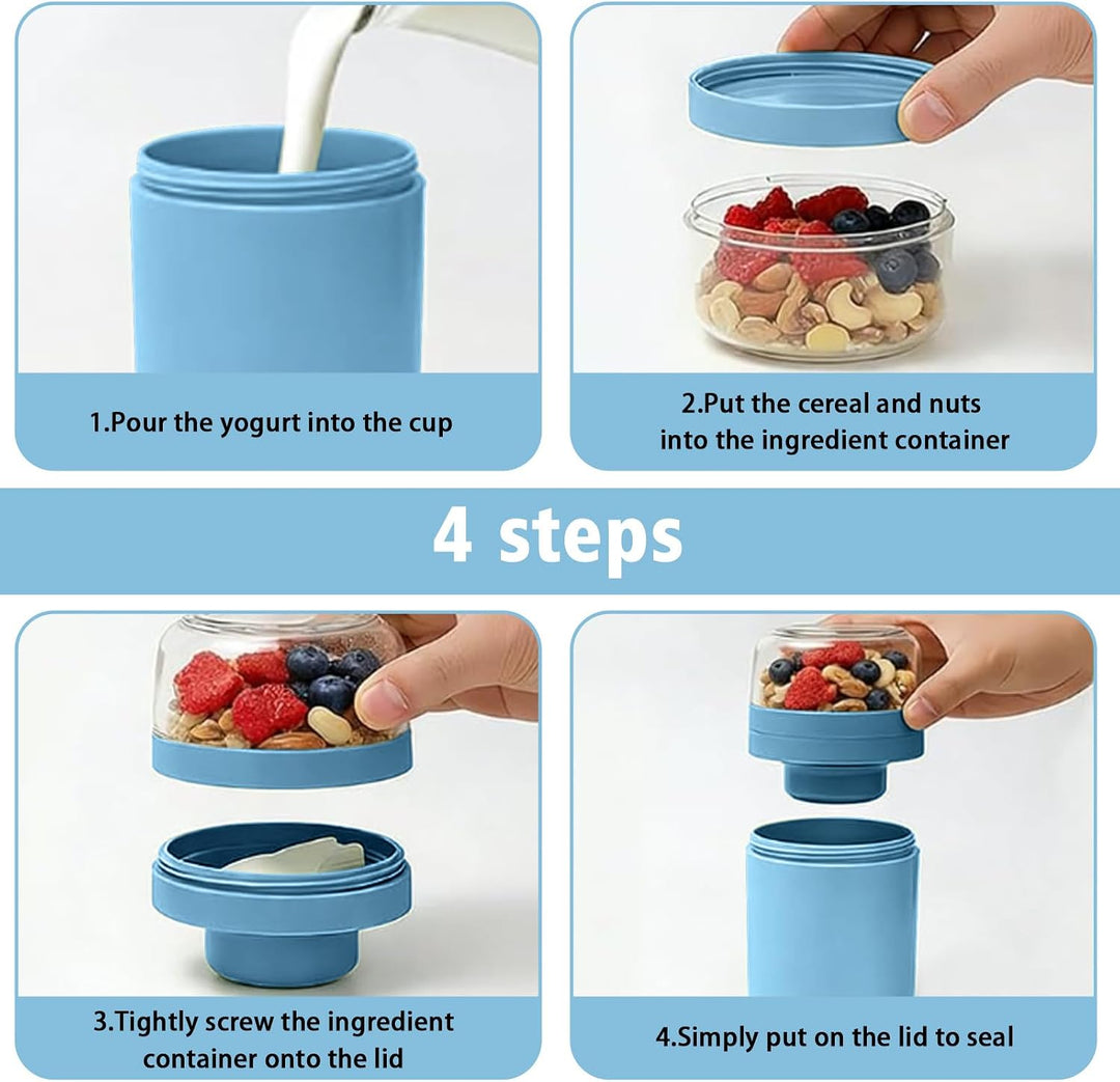 2 Stück Müslibecher To Go mit Löffel, Auslaufsicherer Joghurtbecher To Go 520ML+50ML+250ML, 3-Schich