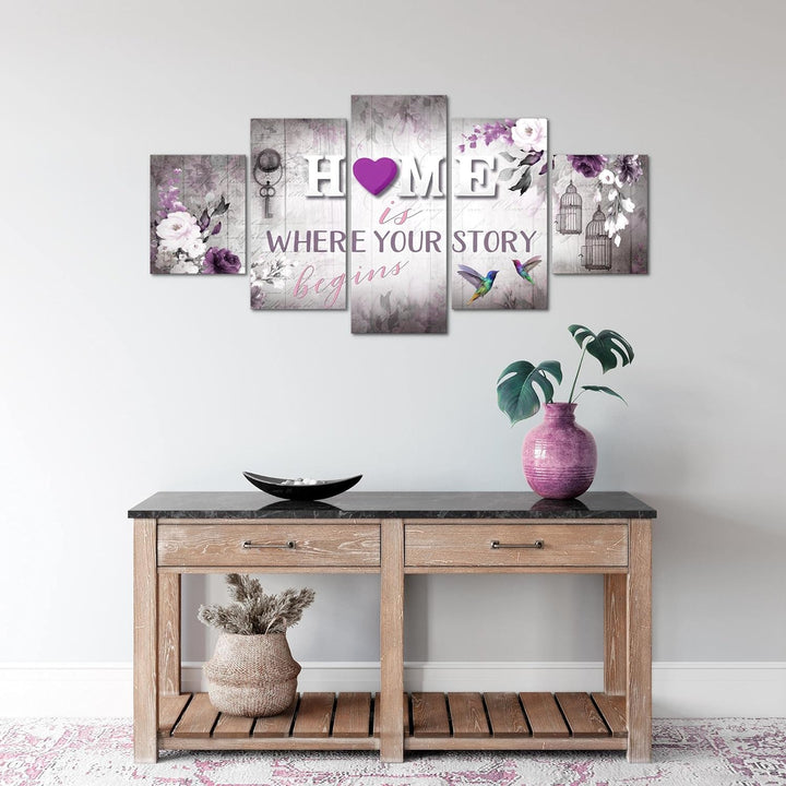 Runa Art Wandbilder Home 5 Teilig Bild auf Vlies Leinwand Deko Wohnzimmer Vintage Grau Lila 037652b