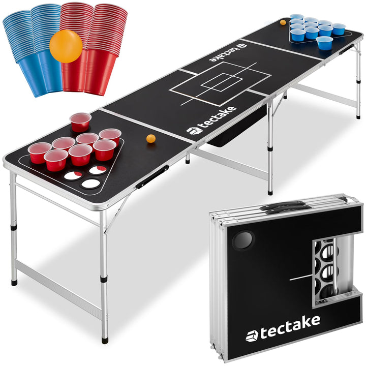 tectake® Bierpong Tisch, inkl. 100 Becher (50 rot & 50 blau) und 6 Bälle, mit Eisfach und Becherhalt