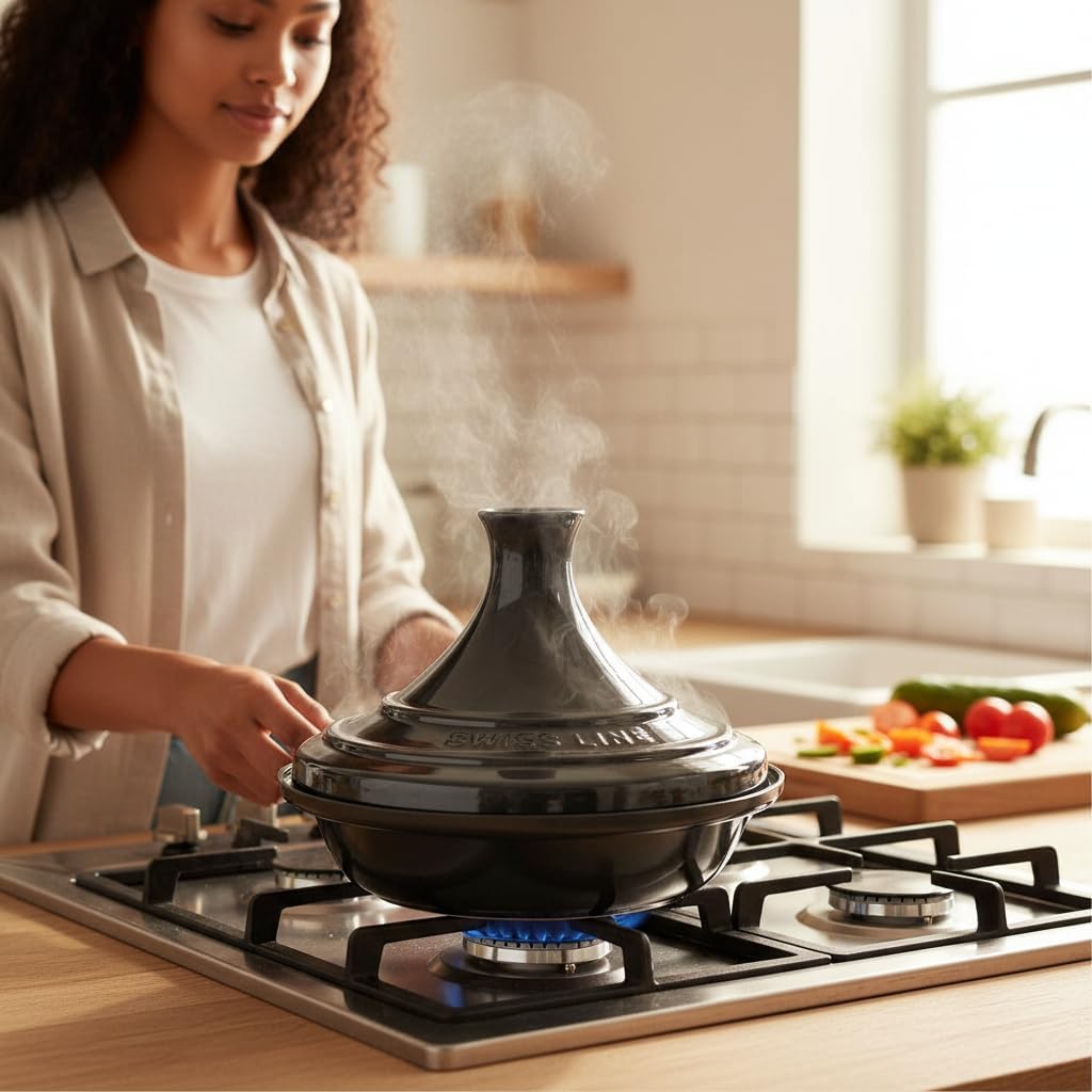SWISS LINE Tajine 33 cm Induktion geeignet – Aluminium Schmortopf mit Keramikdeckel – Antihaft Marmo