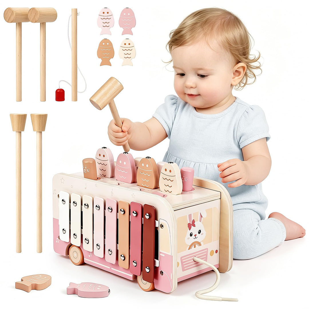 Vanplay Montessori Spielzeug ab 1 Jahr, 7 in 1 Hammerspiel Holzspielzeug Motorikspielzeug, Xylophon