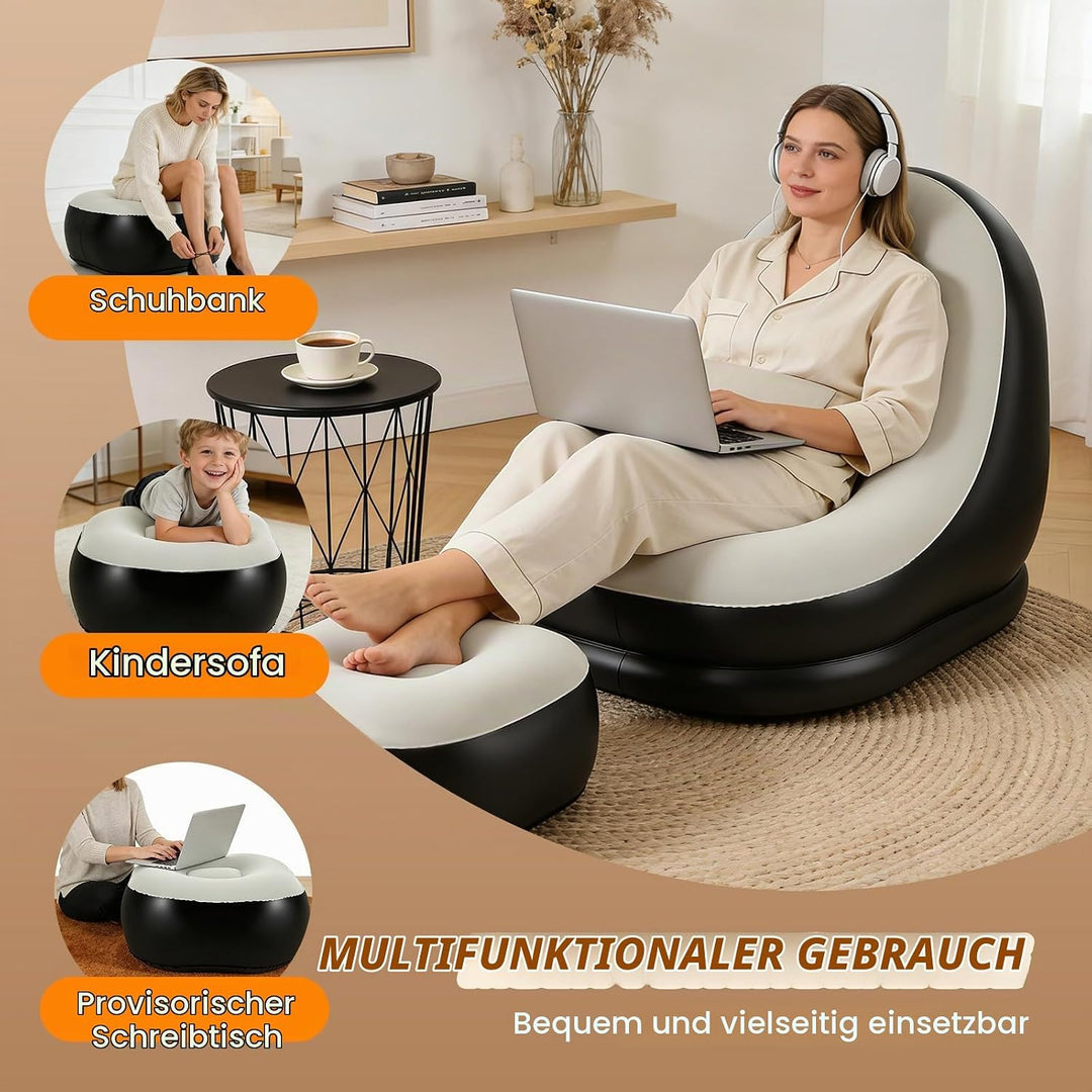 Aufblasbares Sofa mit Fusshocker Set – Luftsofa mit Beflockung für Camping, Garten &amp; Wohnzimmer, Was