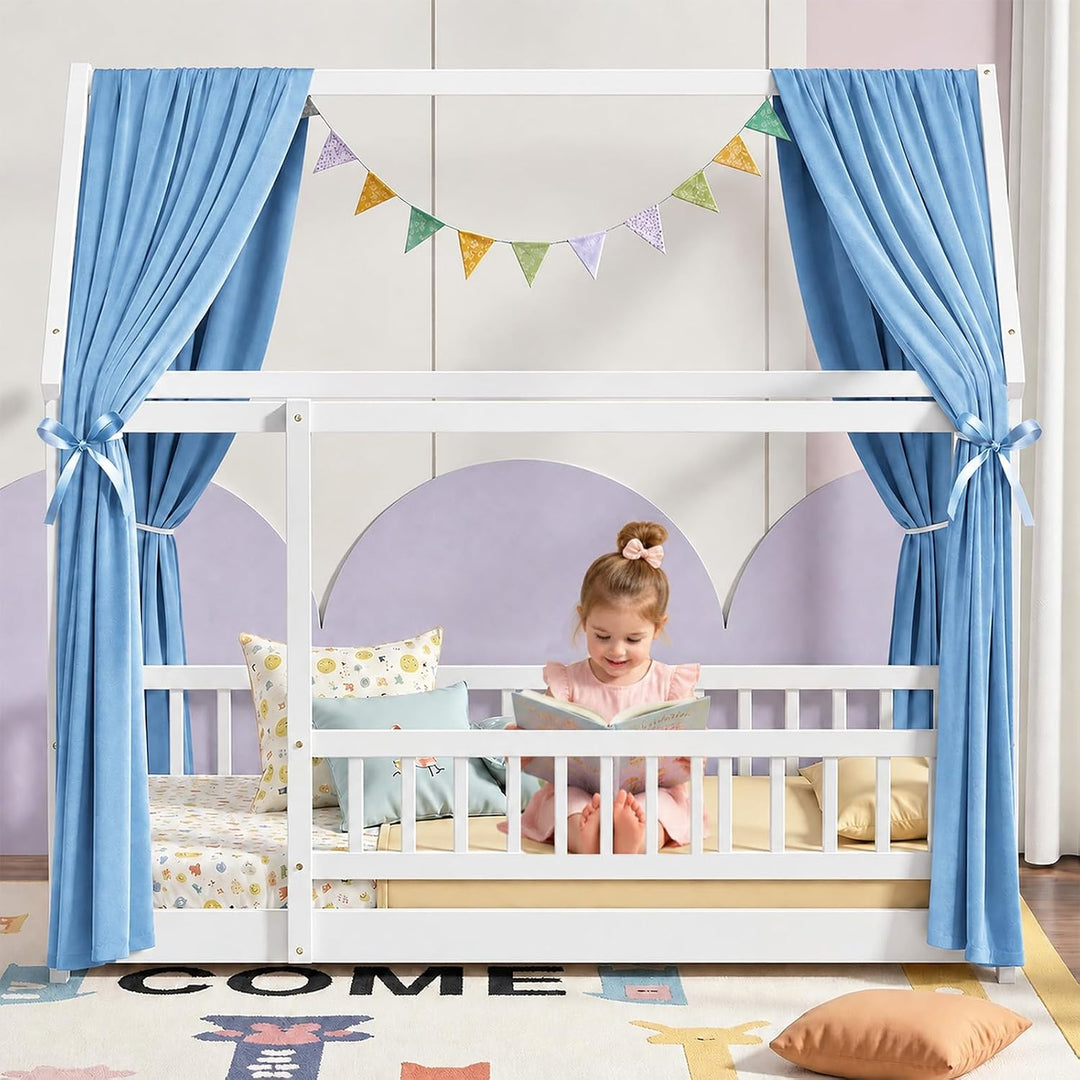 Hausbett Himmel Blau, 2er Set H270 x B67 cm Kinder Himmelbett Vorhänge Musselin mit Atmungsaktiv &amp; W