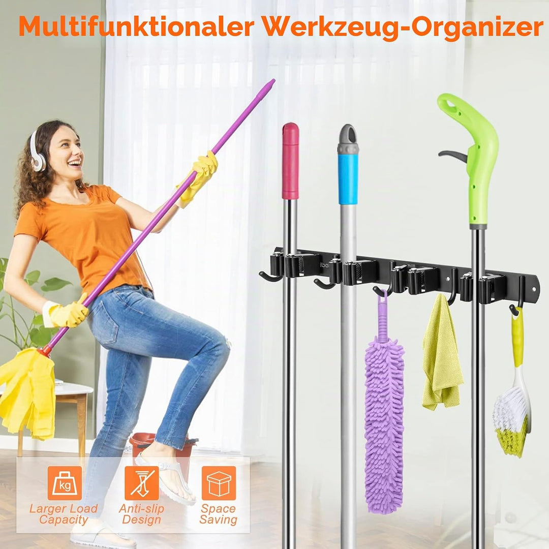 2 Stück Besenhalterung Wand, ibell Gerätehalter Edelstahl mit 4 Halter und 5 Haken, Gartengerätehalt