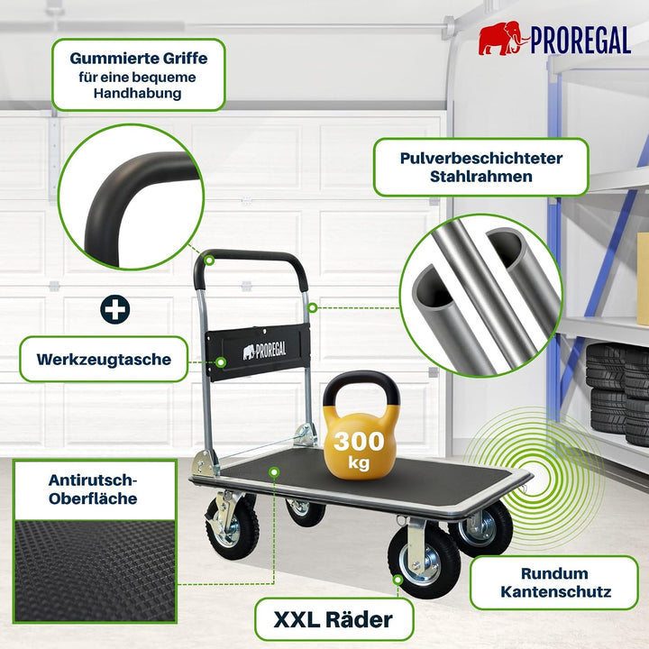 PROREGAL Profi-Plattformwagen Transportwagen Big Rhino 300kg klappbar mit Luftreifen, 360° Lenkrolle
