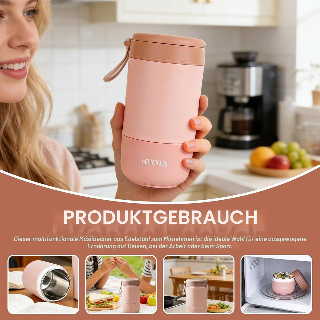 2 Stück Müslibecher To Go mit Deckel: 730ml Auslaufsicherer Edelstahl Porridge Becher mit Löffel und