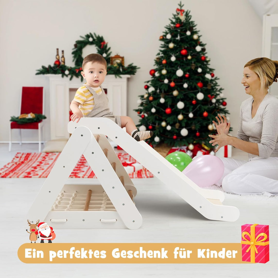 DREAMADE 4 IN 1 Kletterdreieck mit Rutsche und Kletternetz, Holzdreieck Kletterspielzeug aus Holz, I