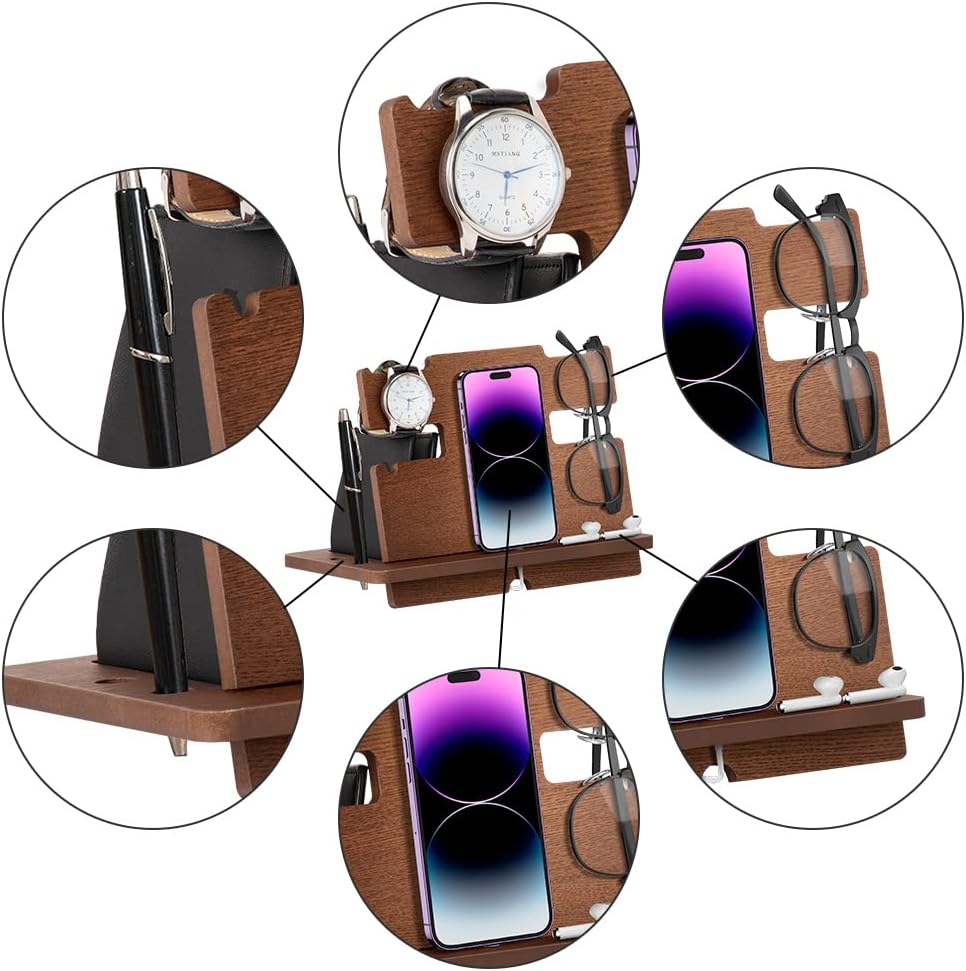 Geschenke für Männer Weihnachten Holz Telefon Dockingstation Uhren Schlüssel Geldbörsenständer Männe