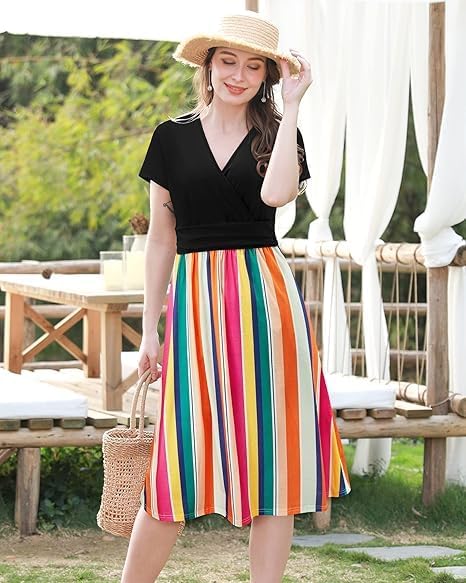 STYLEWORD Damen Sommerkleid Kurzarm V-Ausschnitt Kleider Blumenmuster Kleid Wickelkleid Mit Taschen