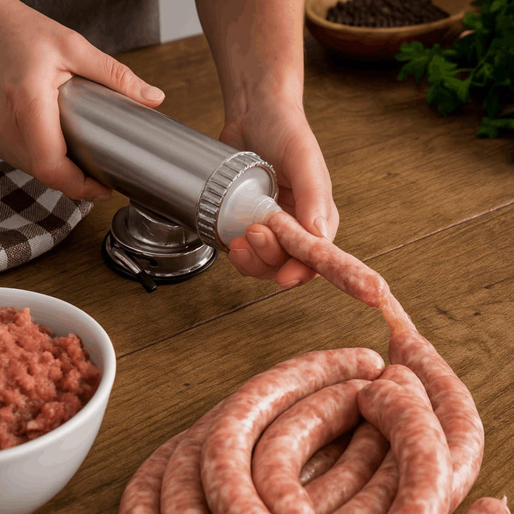 Professionelle Wurstmaschine aus Edelstahl mit 3 Aufsätzen – Manueller Wurstfüller/Fleischfüller – H