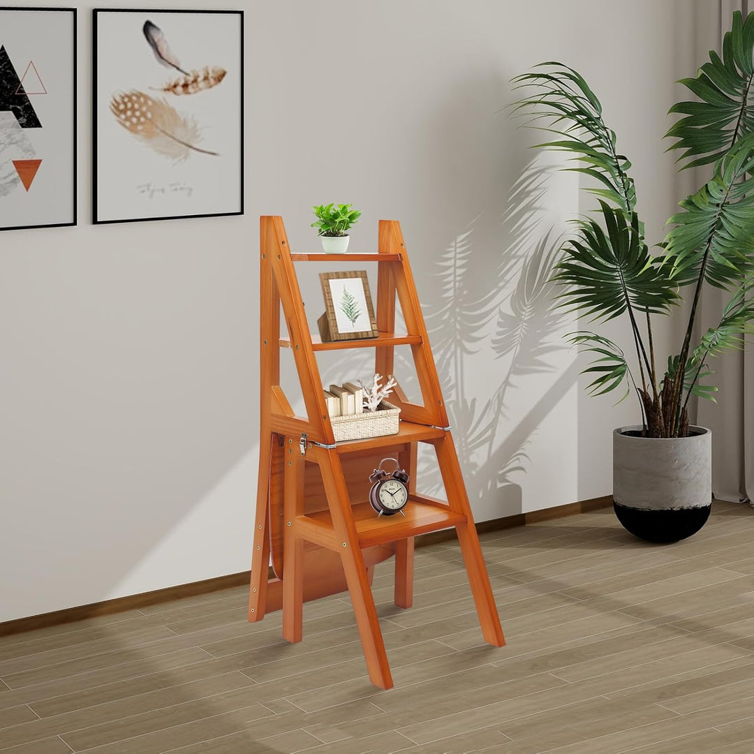 4-Stufen Klappbarer Tritthocker 2-in-1 Holz Trittleiter und Stuhl Klappbar Holztrittleiter 100kg Tra