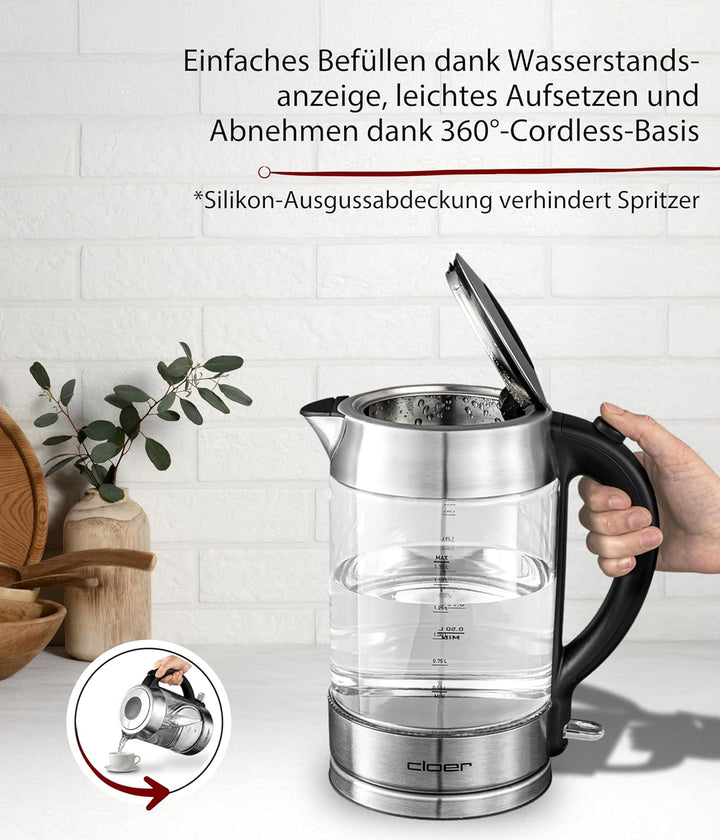 Cloer 4429 Glas Wasserkocher,Testsieger Haus und Garten 02.2019, 2200 Watt, LED-Beleuchtung, verrieg