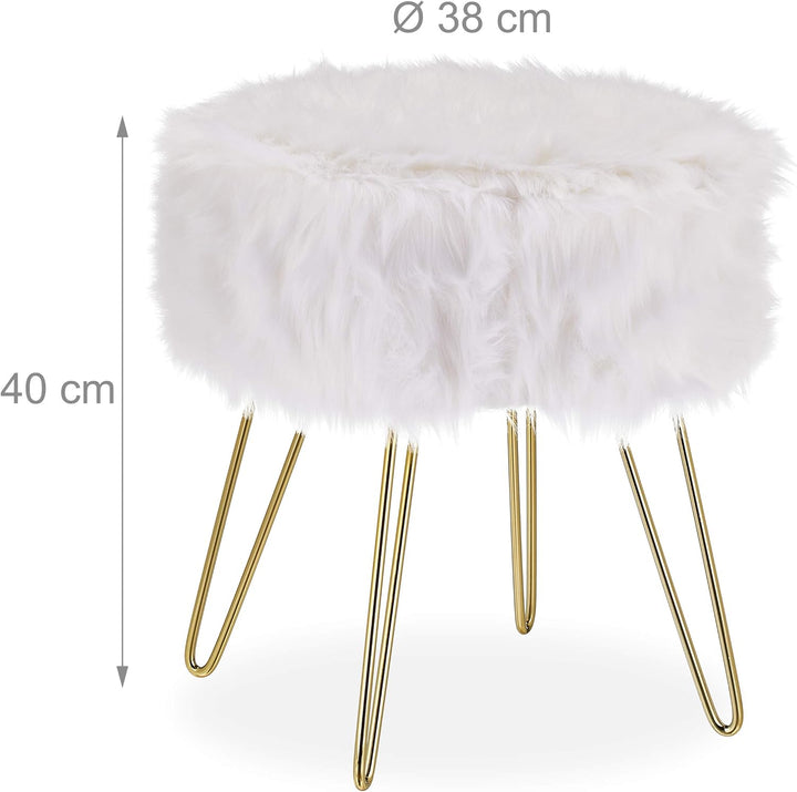 Relaxdays Fellhocker, Kunstfell, Metallgestell, rund, flauschig, eleganter Schminktischhocker, HxD 4