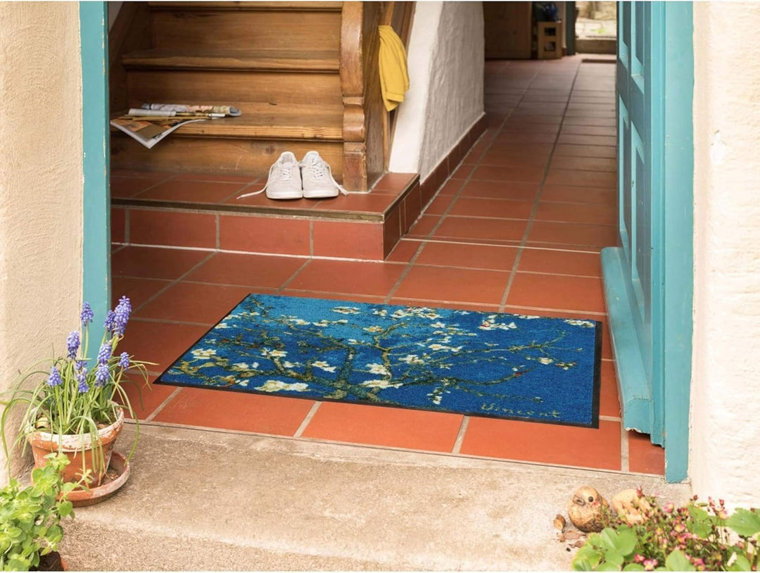 Salonloewe Mandelbaum türkis Künstler-Fussmatte waschbar 050 x 075 cm Fussabtreter Schmutzfangmatte