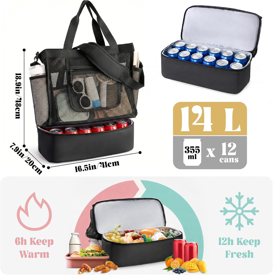 Strandtasche mit Kühlfach - Grosse Mesh Beach Bag wasserdicht mit Reissverschluss &amp; Fächern, Abnehmb
